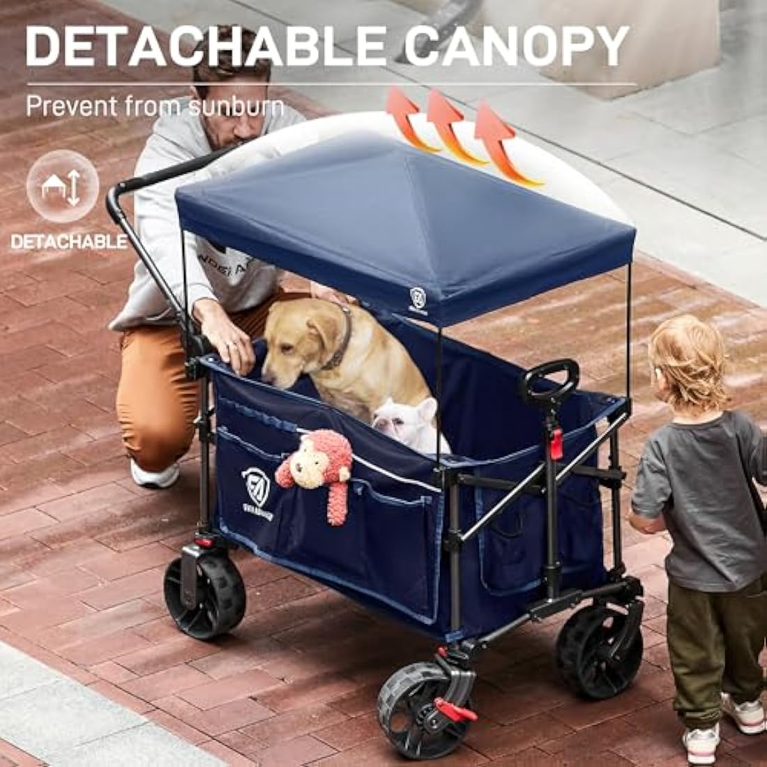 EVER ADVANCED 225L Festival Trolley on Wheels with Removable Canopy, 150KG Heavy Duty Camping Trolley, Push & Pull Beach Cart with 3 Large Pockets, Garden Folding wagon Fishing Blue