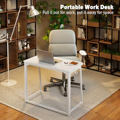 WOHOMO Folding Desk,80cm Small Desk for Small Spaces,Easy Assemble Foldable Computer Desk for Laptop,Mini Portable Working Table Narrow Wooden Writing Workstation for Home Office,White