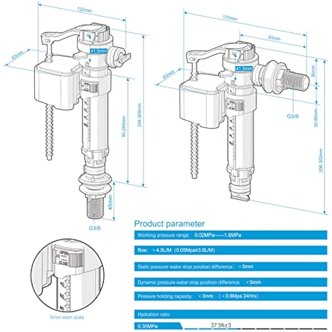 Ibergrif M20521 Toilet Cistern Bottom Side Fill Valve Adjustable Telescopic Urinal Flush Valves Parts M13-17 (3/8") Plastic & Brass Multi Color