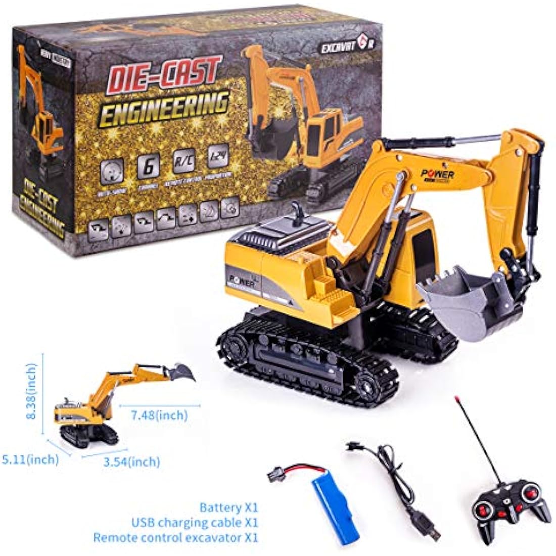 Highttoy Remote Control Excavator Digger Toys for Kids, RC Digger Tractor Toys for Boys Age 3 4 5 6 7 8 Gifts 1:24 Scale 6 Channel Diecast Remote Control Digger Toy with Led & Sound