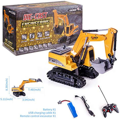 Highttoy Remote Control Excavator Digger Toys for Kids, RC Digger Tractor Toys for Boys Age 3 4 5 6 7 8 Gifts 1:24 Scale 6 Channel Diecast Remote Control Digger Toy with Led & Sound
