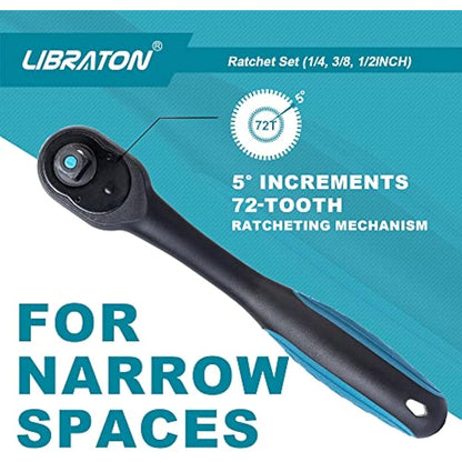 LIBRATON Ratchet Handle, 3 PCS 1/4", 3/8", 1/2" Heavy Duty Drive Ratchet Socket Wrench with Quick-Release Head, 72 Teeth, Reversible Design, Comfort Grip for Car Repair, EVA Organizer