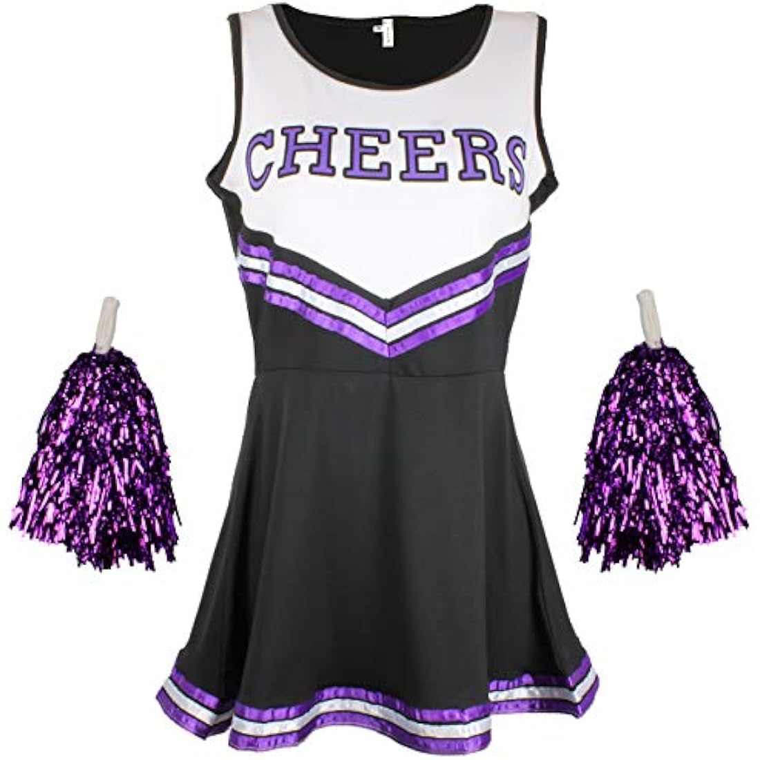 Cheerleader Fancy Dress Outfit Uniform High School Costume With Pom Poms Black And Purple Cheerleader, Large