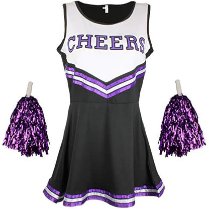 Cheerleader Fancy Dress Outfit Uniform High School Costume With Pom Poms Black And Purple Cheerleader, Large