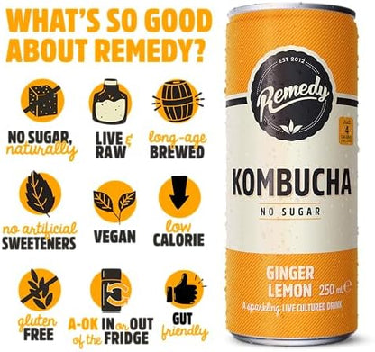 Remedy Raw Kombucha Tea - Sparkling Live Cultured Drink - Sugar Free Ginger Lemon - 250ml Can (24 Pack)