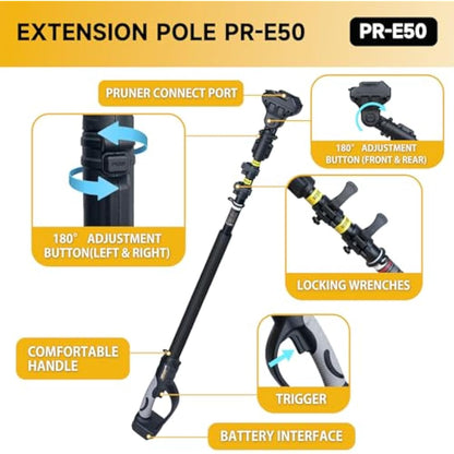 Prunarbo Extension Pole for Cordless Pruner PR-E40 E50 Electric Pruning Shears and PR-E8 Chainsaw, Extendable Aluminum Telescopic Pole with 3 Nodes Adjustment 4.2-8.2 ft Extension (PR-001-Pole)