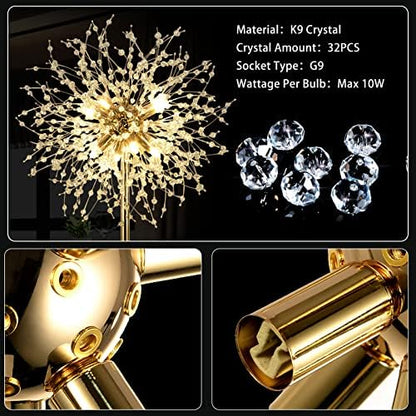 Rayofly Modern Floor Lamp, Golden Fireworks Crystal Floor Lamps for Living Room, 8-Lights Crystals Standing Lamps with Foot Switch, Glass Metal, Elegant Design Tall Lamp for Bedroom, Beside, G9, 175cm
