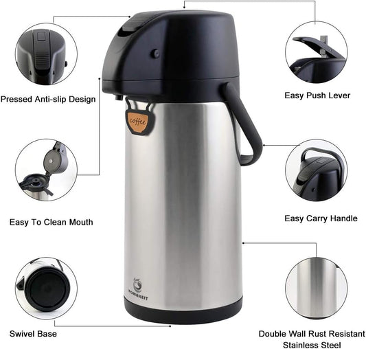 Airpot Coffee Carafe - TOMAKEIT Thermal Beverage Dispenser Insulated Pump Action Airpot for Hot/Cold Water (Lever Pump)