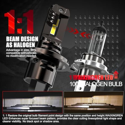 WAIXINGREN H4 Led Headlight Bulbs, 6500K Cool White, 60W 26000LM H4 Headlight Bulbs led with Fan, No Adapter Required, Plug and Play Easy Installation, Pack of 2 (H4/9003/HB2)