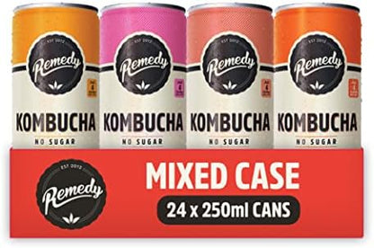 Remedy Kombucha Tea - 4 Flavour Mixed Pack - Sparkling Live Cultured Drink - Naturally Sugar Free Soft Drink - Prime Probiotic Drink for Gut Health - 24 x 250ml