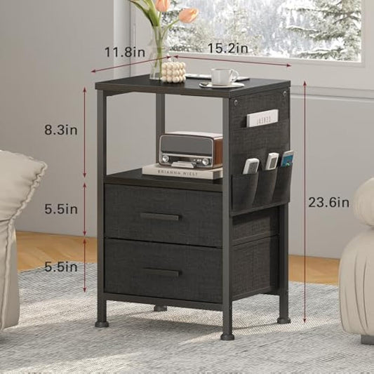 COWISH Bedside Table with Charging Station, 2 Drawers Bedside End Table, Industrial Sofa SideTable, Rolling Nightstand with Storage Shelf and Bag for Living Room, Bedroom, Black