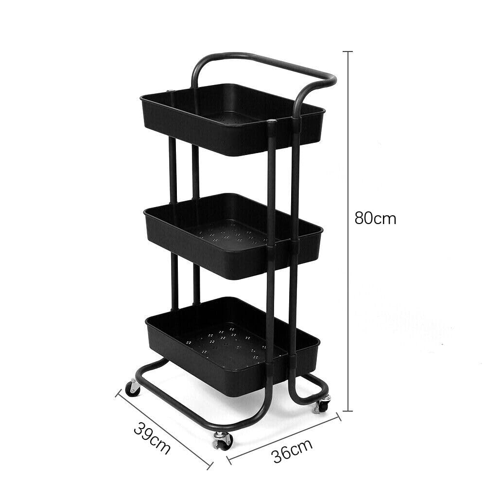 Multibao 3 Tier Storage Trolley on Wheels Cart Kitchen Utility Rolling Rack Tray Shelf for Kitchen Bathroom Laundry and Office (Black)