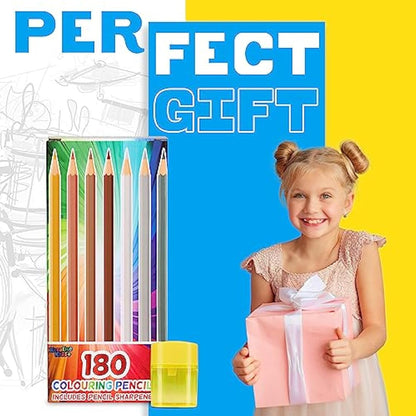 KreativeKraft Coloured Pencils Set of 180 - Colouring Pencils for Kids Teens and Adults - 30 Colours Sharpener Included - Art Supplies School Supplies - Kids Pencils Age 3+