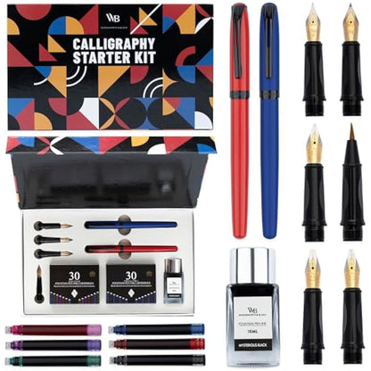 Wordsworth & Black Calligraphy Pen Set - Blue - Includes 2 Pens, 18 ML Ink Bottle, 60 Cartridges, 1 Medium & 4 Broad Nibs, Brush Pen - Calligraphy Kit for Beginners
