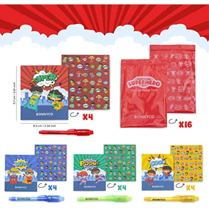 BONNYCO Invisible Ink Pen and Notebook, Pack 16 Superhero Superhero Party Bags Fillers, Pinata Toys | Birthday Decorations | Stocking Fillers for Kids Birthday | School Prizes, Gifts for Children