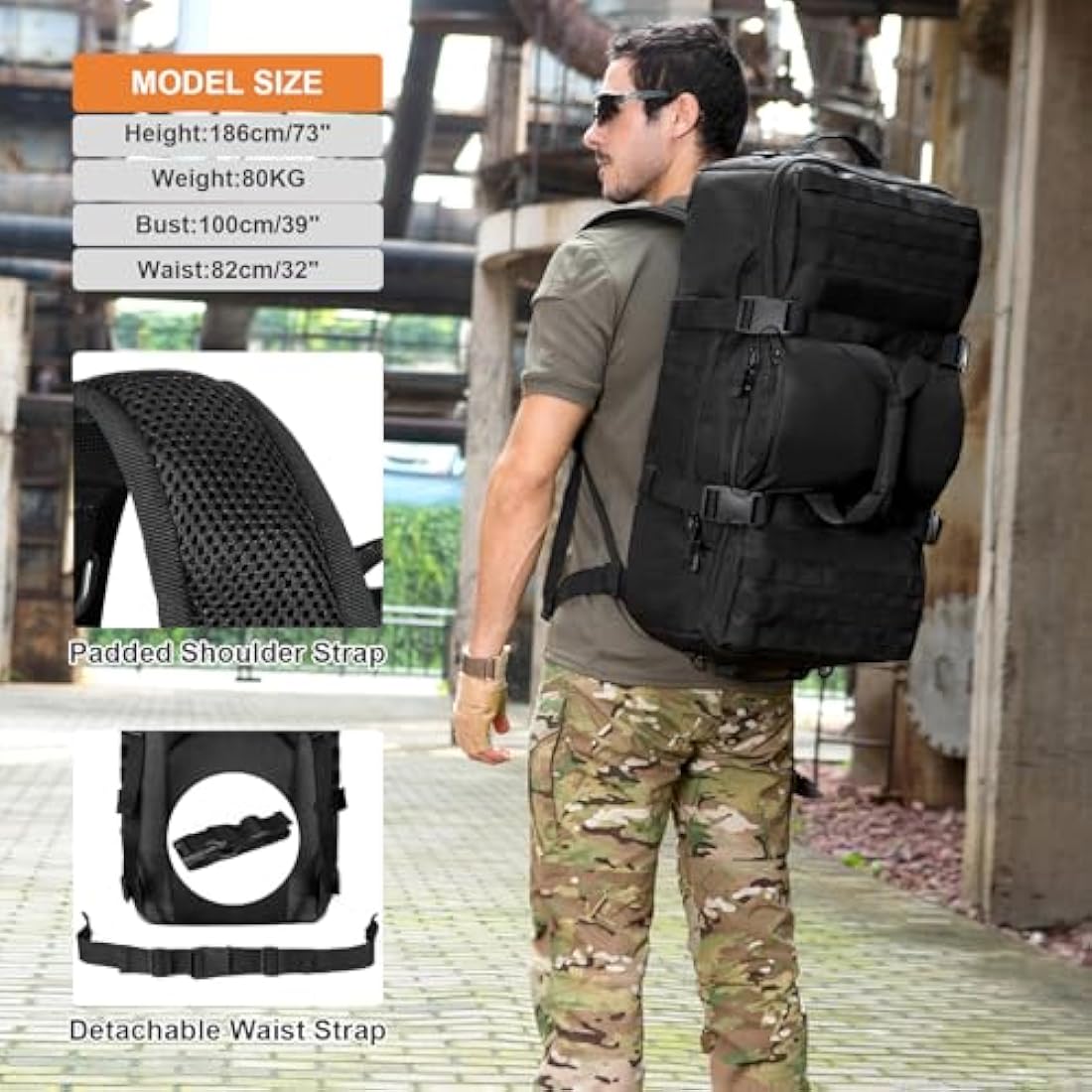 Huntvp 50L/60L Tactical Backpack, Military Backpack 3 in 1 Large Molle Backpacks, Travel Rucksack Hiking Luggage Handbag Crossbody Bag for Men Women Outdoors Hiking Hunting Travelling Camping Trekking
