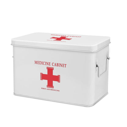 Flexzion First Aid Box Organizer - 13" White Vintage Metal Medical Kit Tin With Dividers, Removable Tray and Red Cross Logo - Empty Storage Container