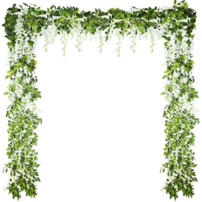 Syhood 4 Pieces 26 Feet in Total Vine Artificial Wisteria Garland Artificial Wedding Silk Wisteria Hanging Flower for Wedding Arch Home Garden Party Outdoor Decor(White)