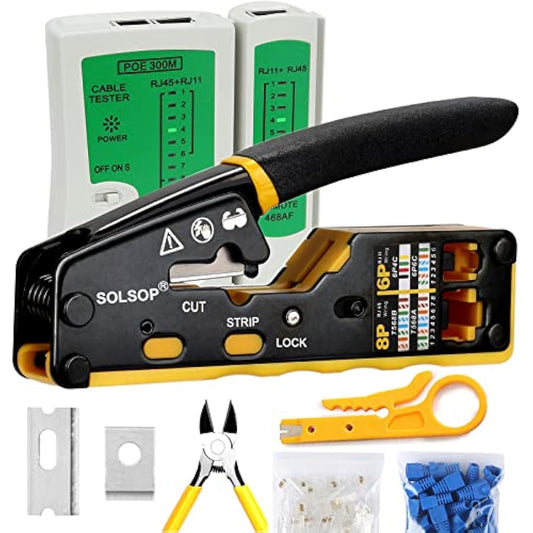 Solsop Pass Through RJ45 Crimp Tool Kit Ethernet Crimper CAT5 Cat5e Cat6 Crimping Tool Kit