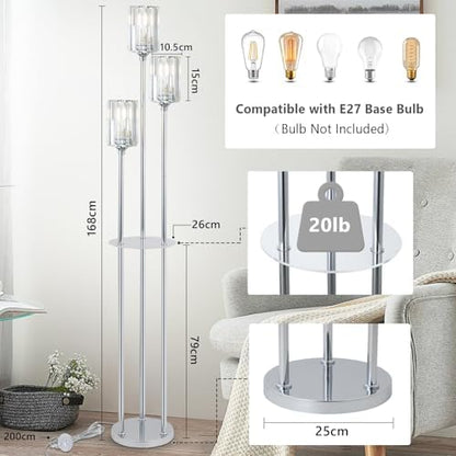 Rayofly Modern Floor Lamps for Living Room, 3-Lights Crystal Floor Lamp with Shelves, Chrome Standing Lamp with Crystal Shades and Foot Switch, Standing Lamps for Bedroom, Corner Tall Lamp for Office