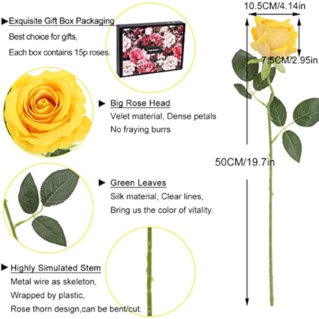Cloudecor 15Pcs Artificial Roses Velet Real Touch Single Stem Fake Roses Silk Realistic Bouquet Flowers Arrangements Home Office Party Wedding Decoration (Round Roses - Yellow 15p)
