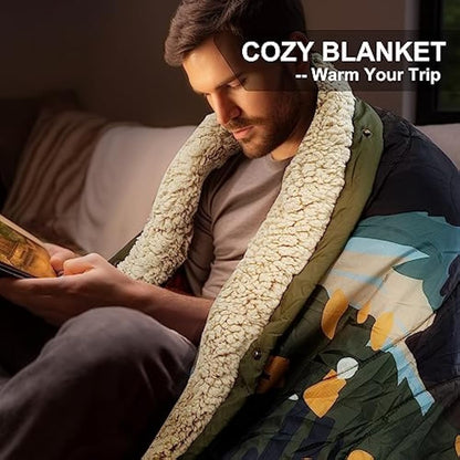 KawaGebo Kamp Outdoor Camping Blanket with Sherpa Lining, Extra Warm Thick Camp Blankets & Puffy Ultralight Soft Poncho DWR Camping Quilt for Cold Weather, Adventure,Sleeping,Backpacking 78"x 56"