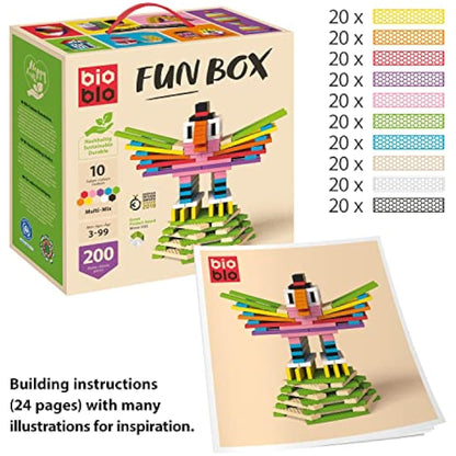 bioblo Sustainable Wooden Blocks Fun Box Multi Mix Pack of 200 | 100% Free from Plasticisers & Washable | No Staining or Chipping Due to Injection Moulding | Educational Toy 3 Years