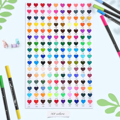 Ohuhu 160 Colouring Pens: Dual Tip Brush Pens Felt Tip Pens Art Markers Set with Fineliner, for Kids Adults Colouring Book Drawing Calligraphy Sketching Journal, Art Gift, Maui - Black