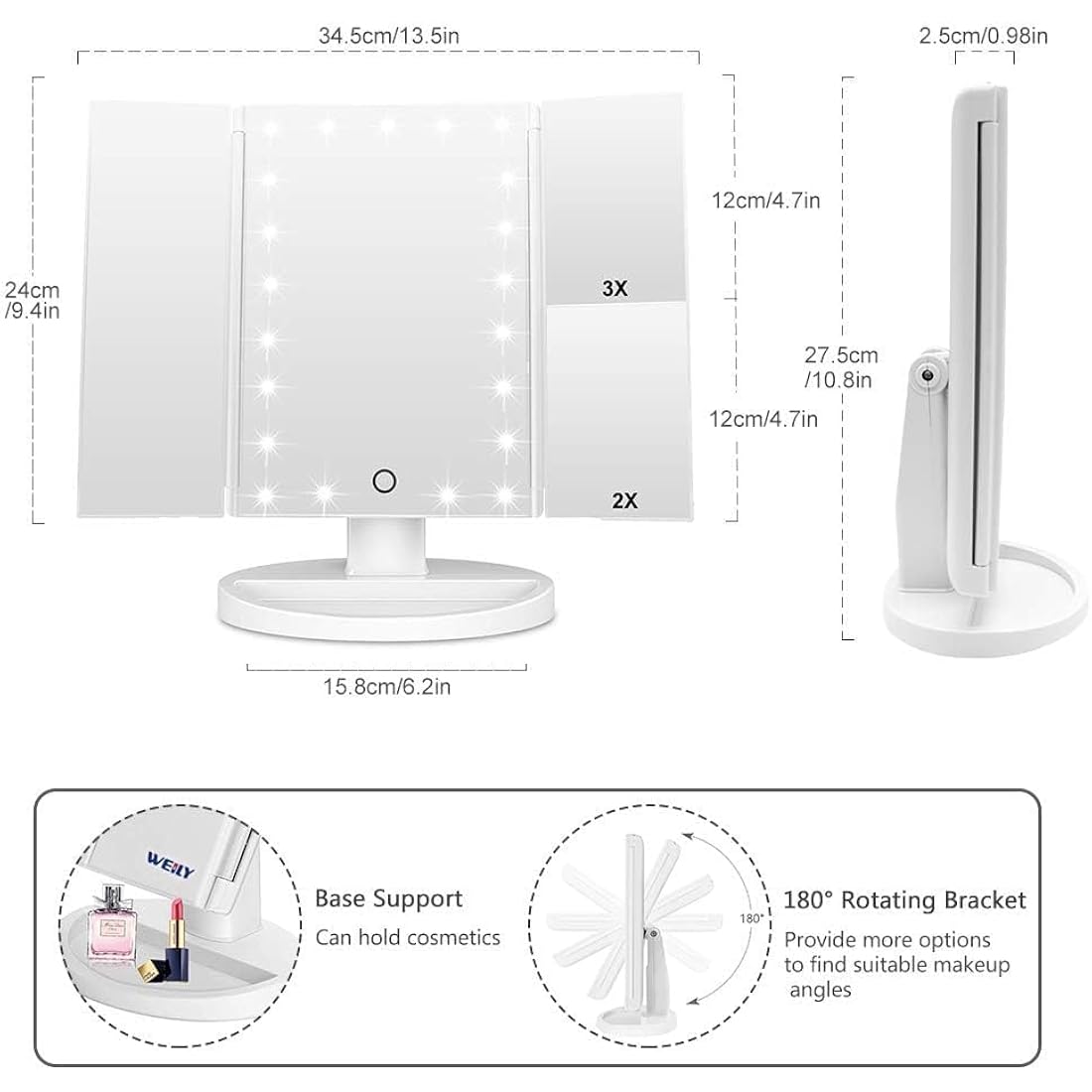 WEILY Tri-fold Vanity Mirror, 21 LEDs and 2X/3X Magnification, Touch Switch for Adjusting Brightness, Dual Power Supply mode Makeup Mirror (White)