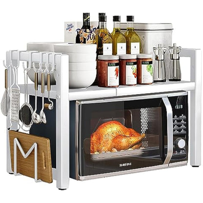 Expandable Microwave Oven Rack 2 Tier microwave shelf, Adjustable Carbon Steel Microwave Shelf,with 6 hooks Kitchen Counter Organizer Shelf Stand,Pot Pan Grill Storage Racks, Width 40-64cm white