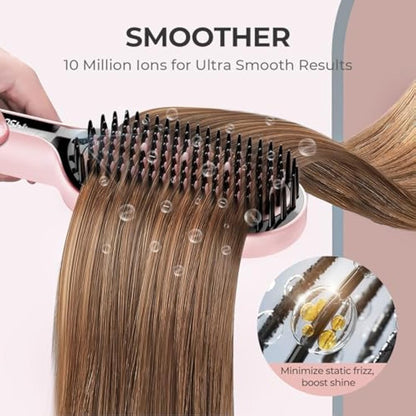 TYMO Ionic Plus Hair Straightener Brush UK, Upgraded Straightening Brush with Dense Bristles for Thick Hair, 16 Temps (80℃~230℃) LED Display, 10 Million ions, Dual Voltage, Hot Brush for Women (Pink)