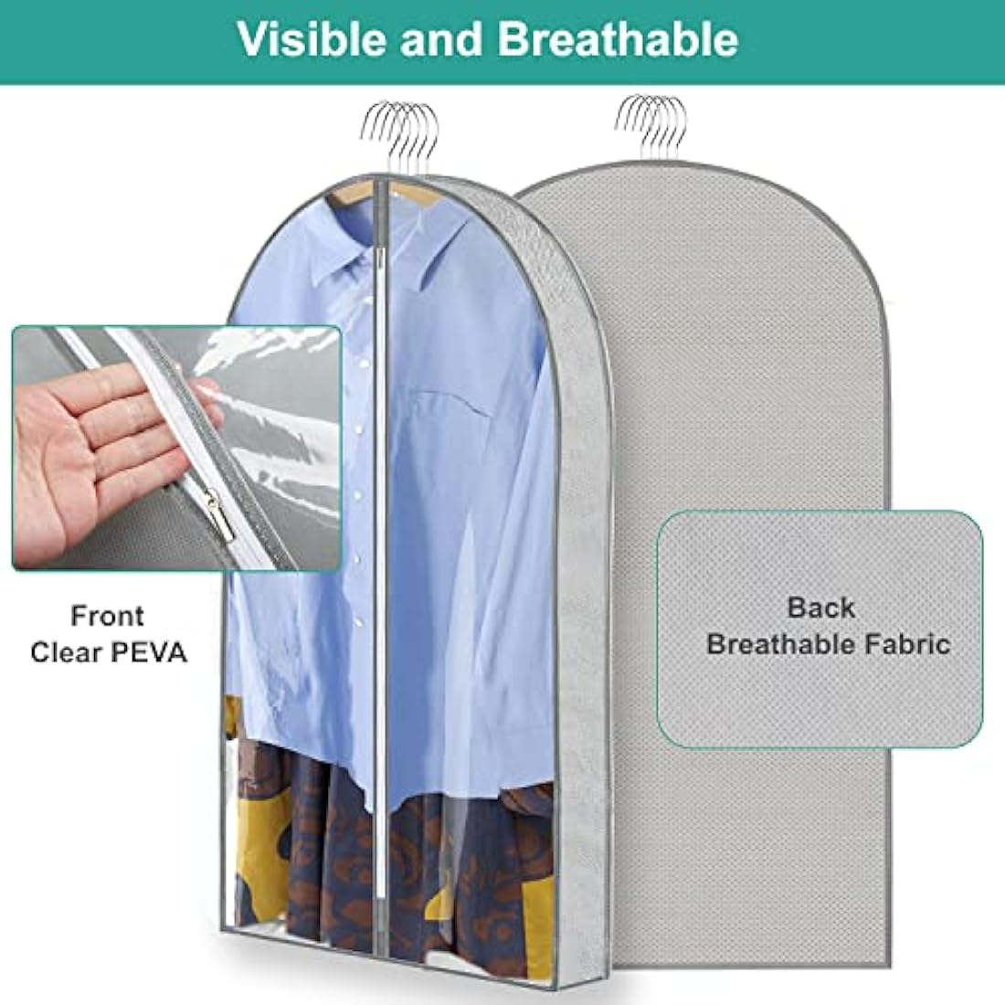 ZSURLUX Dress Bags Covers 60 x 150cm 2Pack, Hanging Dress Storage Bag, Long Garment Bags for Dresses, Long Coat, Grey