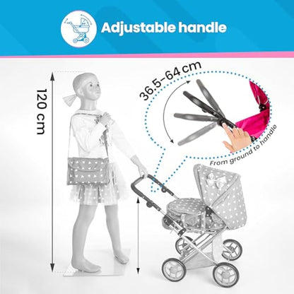 Kinderplay Dolls Pram | 3-in-1 Toy Pram | Baby Doll Pram - Toy Pushchair | Dolls Buggy | Dolls Pushchair | Doll Stroller with Adjustable Handle (36.5-64 cm), model KP0200S