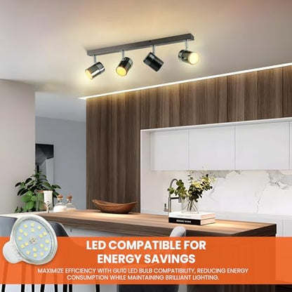 UKEW Modern 4 Way Ceiling Spotlight - Straight Bar Lighting with Adjustable Heads - Stylish Spotbar GU10 LED Light for Kitchen Living Room (Black)