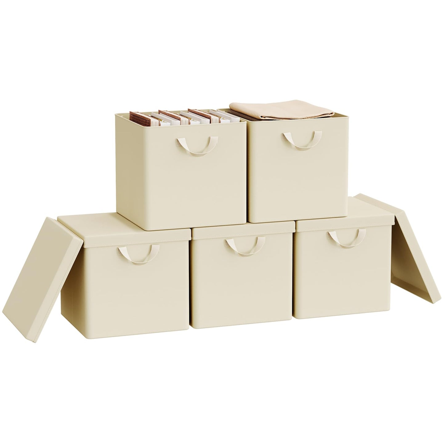 WOLTU Fabric Storage Boxes Set of 5, Folding Baskets with Lids, Handles, Metal Frame, Wardrobe Toy Organisers for Living Room, Bedroom, Office, Cream