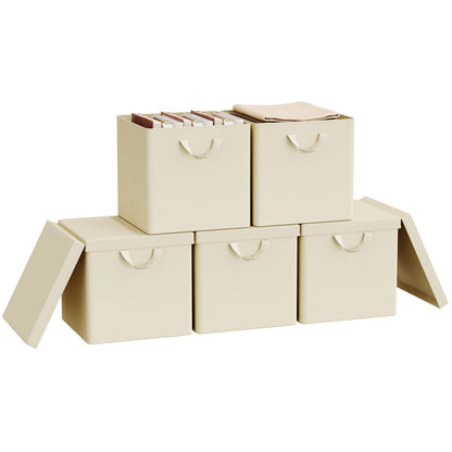 WOLTU Fabric Storage Boxes Set of 5, Folding Baskets with Lids, Handles, Metal Frame, Wardrobe Toy Organisers for Living Room, Bedroom, Office, Cream