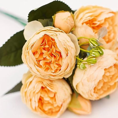 The Baked Studio - Silk Peony and Tea Rose Artificial Bouquet 9 Heads Realistic Fake Plant for DIY Craft Cake Living Room Home Wedding Decoration (YELLOW)
