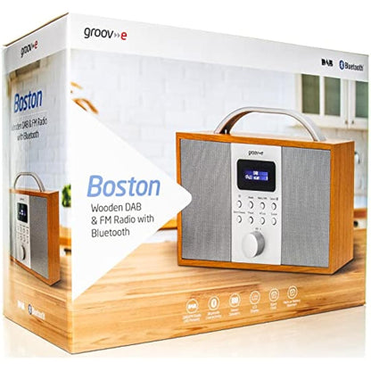 Groov-e Boston Wooden DAB & FM Digital Radio - Built-In Alarm Clock, Dynamic Range Control & Bluetooth Connectivity - LCD Display - Mains or Battery Operated - Portable Radio - 40 Preset Stations