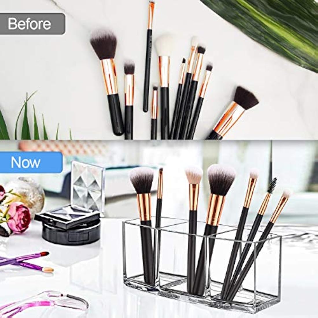 Top-spring Makeup Brush Holder Organizer, 3 Slot Acrylic Makeup Brush Organiser, Eyeliners Display Holder for Comestic Organizing (Clear)
