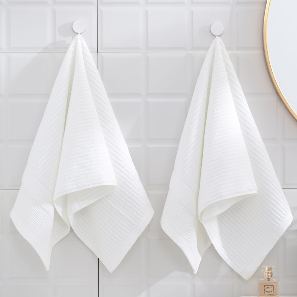 sense gnosis 100% Cotton White Hand Towel Set of 2 Thick Ribbed Striped Soft Quick Dry and Absorbent Bathroom Decorative Hand Towel 13 x 29 Inch