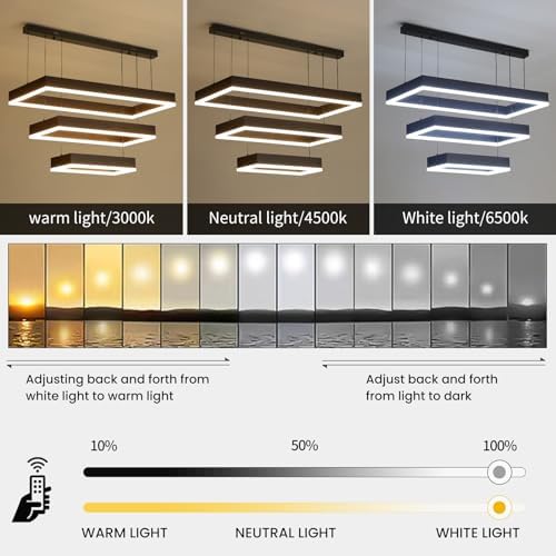 Mikeru Rectangular 3 Ring Pendant Light, 40+60+80CM Living Room Pendant Lights 3000K/4500K/6000K with Remote Control Minimalist Pendant Lamp 10%-100% Dimmable Black Chandelier for Restaurants