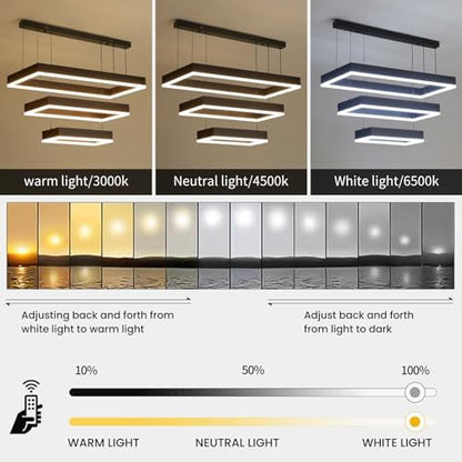 Mikeru Rectangular 3 Ring Pendant Light, 40+60+80CM Living Room Pendant Lights 3000K/4500K/6000K with Remote Control Minimalist Pendant Lamp 10%-100% Dimmable Black Chandelier for Restaurants