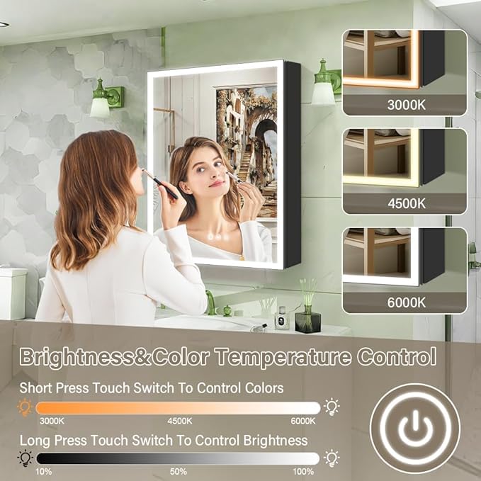 KAASUNES LED Mirror Cabinet with Light,Stepless Glass Shelf,3 Colors&Dimmer,Defogger,Internal light&USB Shaver Socket,Backlit&Frontal