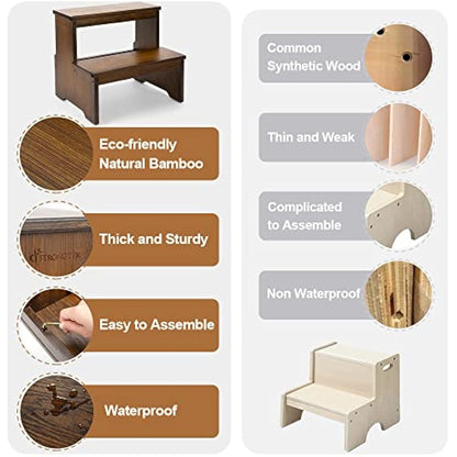 StrongTek Bamboo Two Step Stool for Adults and Kids, Bed Stepstool with Anti-Slip Bottom, Heavy Duty for Kitchen, Bathroom, Bedside Step Stool, Wooden Step Stairs 400 lbs Capacity