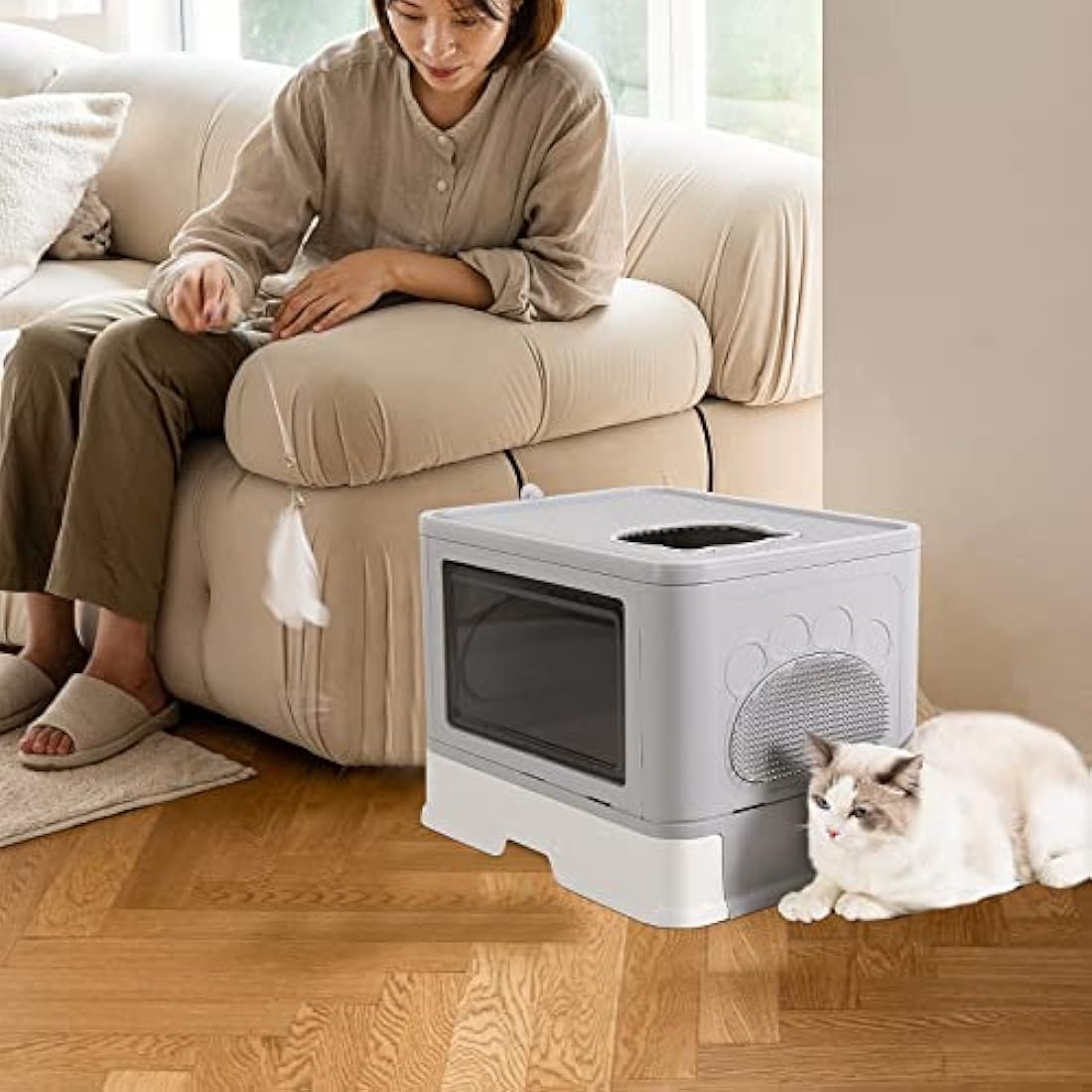 BingoPaw Cat Litter Tray Box: Foldable Large Top Entry Anti-Splashing Kitten Litter Box with Lid - Enclosed Hooded Kitty Potty - Drawer Type Cats Toilet Easy Cleaning with Scoop Grey