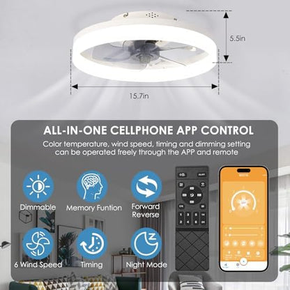 MOSSCO Ceiling Fans with Lights and Remote, LED Dimmable 3 Colour 6 Speeds Reversible Fan Light, Modern Fan Lights Ceiling for Bedroom, Flush Mount Low Profile Ceiling Fan Light White 40CM