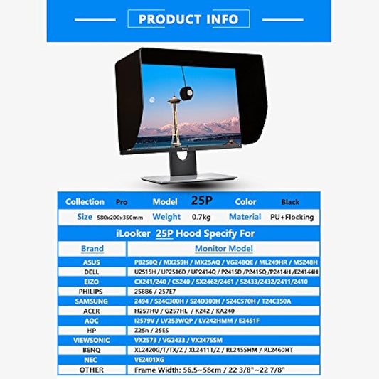 iLooker 25P 25-inch Thick Frame LCD LED Video Monitor Hood Sunshade Sunhood for Dell HP Viewsonic Philips Samsung LG EIZO NEC ASUS ACER BENQ AOC LENOVO iMac, Fits Monitor Frame Width 565-580mm