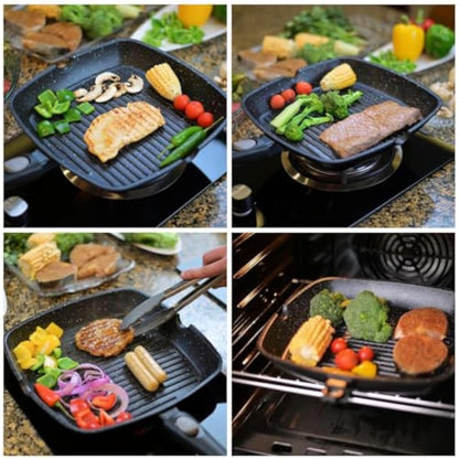 Chef Wonderful Non-Stick Griddle Pan for Induction Hob. Aluminium Steak Pan (28cm) Non-Stick Marble Coating & Detachable Handle. Induction Grill for All Hobs. Suitable for Gas & Oven Grilling.