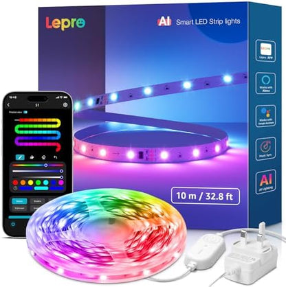 Lepro S1 AI Smart Rainbow LED Strip Light 10M, 30 LEDs/M, Music Sync, Works with Alexa & Google Home, WiFi Bluetooth App Voice Control, AI Lighting Design Assistant, MagicColor LED Lights for Bedroom