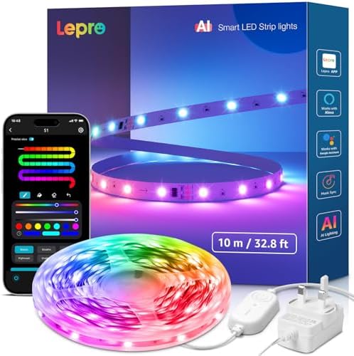 Lepro S1 AI Smart Rainbow LED Strip Light 10M, 30 LEDs/M, Music Sync, Works with Alexa & Google Home, WiFi Bluetooth App Voice Control, AI Lighting Design Assistant, MagicColor LED Lights for Bedroom